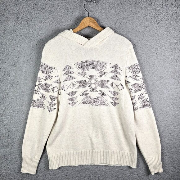American Eagle Hoodie Sweater M Aztec Tribal Knit Pullover Soft Boho Cream Cozy - Picture 11 of 12
